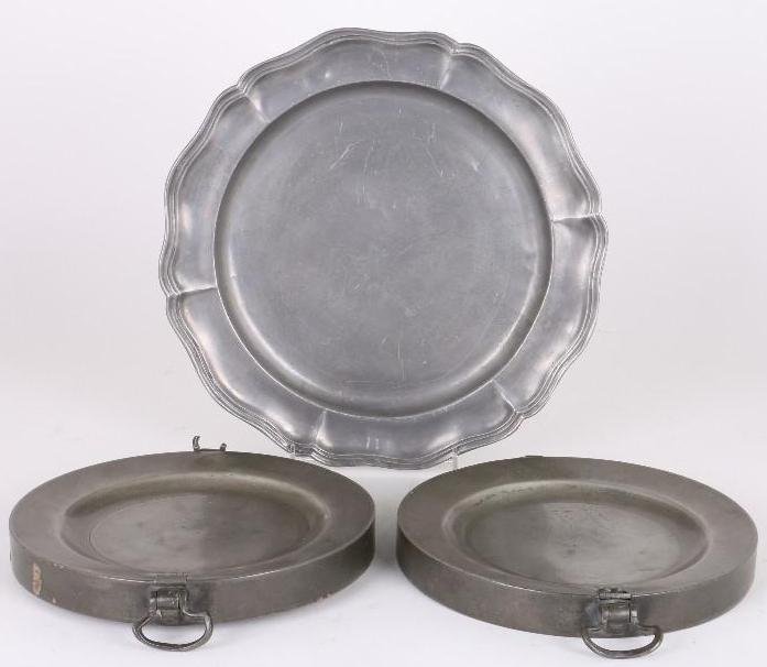 EUROPEAN PEWTER PLATE & 2 ENGLISH HOT WATER PLATES (1 of 4)