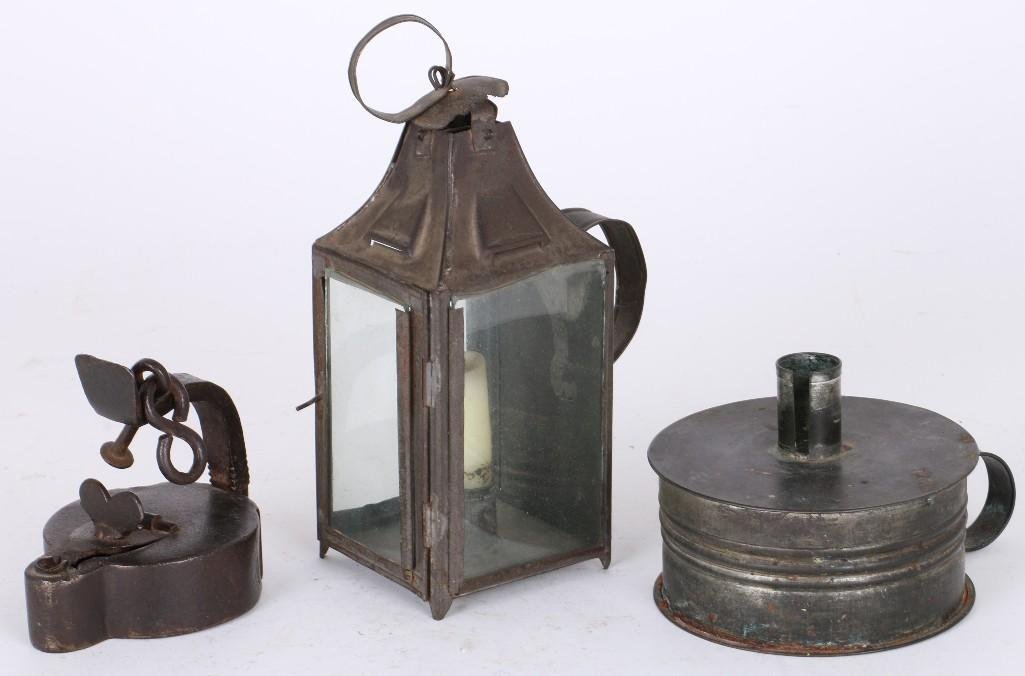 TWO TIN & ONE IRON FLUID LAMPS (1 of 5)