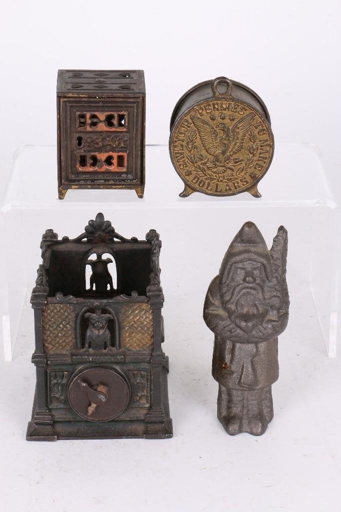 FOUR AMERICAN CAST IRON BANKS: 19TH CENTURY, A. WINDOWS MARKED 'SECURITY, FIDELITY, PAY IN TELLER & CASHIER' GREATEST HEIGHT 5 INCHES, WIDTH 4 1/2 INCHES, DEPTH 4 INCHES, (DECORATIVE CRESTING MISSING FROM ABOVE TWO OF TH