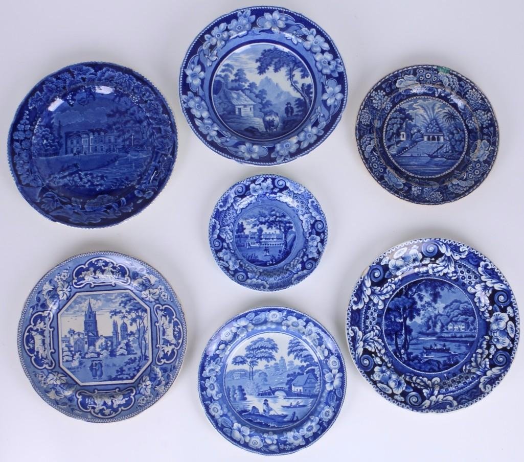 7 STAFFORDSHIRE BLUE & WHITE TRANSFER PRINTED PLATES: A. SOUP PLATE, DIAMETER 10 INCHES, B, WOOD, DIAMETER 10 1/4 INCHES, C. RILEY ' HOLLYWELL COTTAGE CAVAN, DIAMETER 10 1/8 INCHES, D.RIDGWAY, 'CHRIST CHURCH OXFORD', DIAMETER 9 7/8 INCHES, E. HALL INDIAN