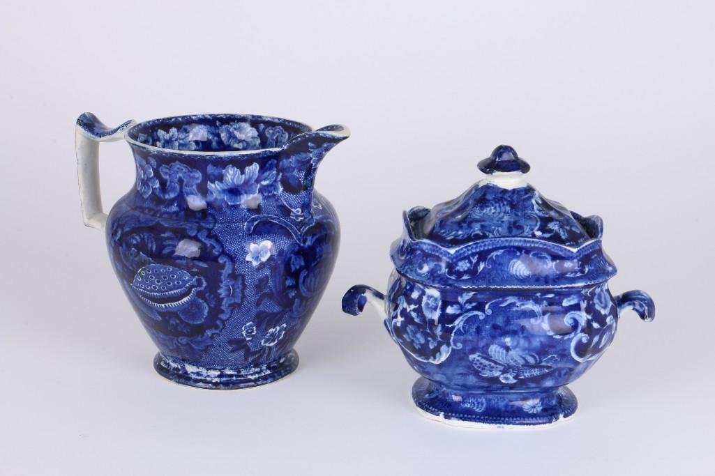 STAFFORDSHIRE BLUE & WHITE TRANSFER PITCHER & SUGAR (1 of 6)
