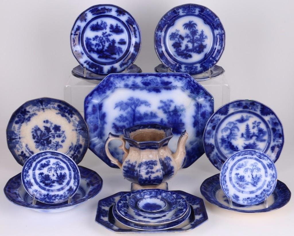 19 PIECES OF STAFFORDSHIRE FLOW BLUE TABLEWARE (1 of 6)