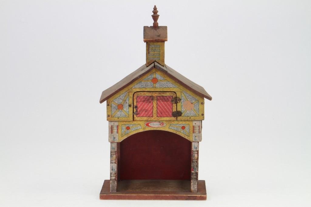 Stable Like Building: Attributed to Bliss; Wood Structure with Lithograph decoration; Good Condition, 7 1/2"L x 5 3/4"W x 11"H Notes:Turner Auctions + Appraisals is pleased to feature the Anita & Sedwick Hel