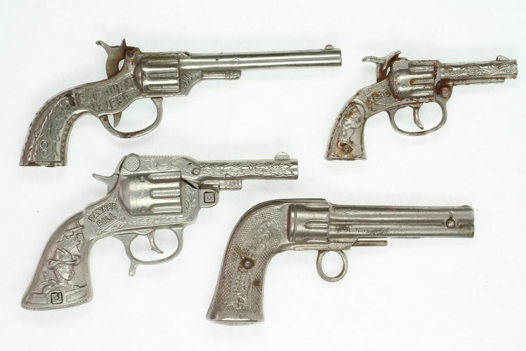 Lot of (4) Six Shooters: Unusual Double Barrel Version and (3) other Revolvers, (1) is a Roll Cap Type; All are Nickel Plated, Some with Surface Rust; Fair to Good Condition, 5"- 8 3/4"L Notes:Turner Auctions + Appr