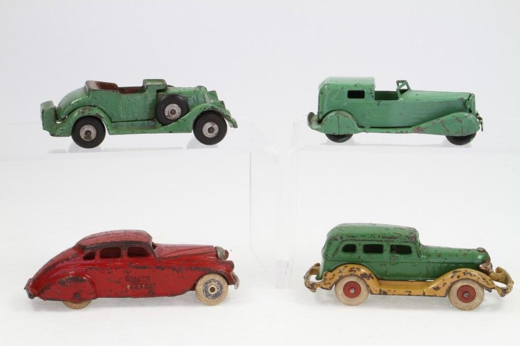 Lot of 1920's Autos: Mixed Makers Including Wyndotte Pressed Steel Town Car (Repainted); (2) Hubley Cast Iron Pieces (Roadster and Sedan, Both with Rubber Tires), and an Arcade Cast Iron "Silver Arrow" Sedan; Al