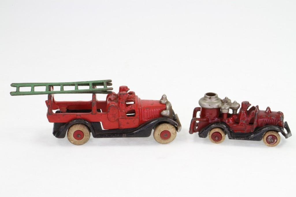 Fire Trucks: Hubley; Painted Cast Iron with Rubber Wheels, Nickel Components (Ladders not Original to Piece); Good to Very Good Condition, 4 1/2 " - 6"L Notes:Turner Auctions + Appraisals is pleased to f
