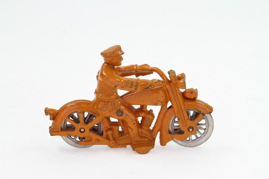 Harley Davidson Motorcycle with Rider: Hubley; Painted Cast Iron, Nickel Wheels, Excellent Condition, 5 1/2"L Notes:Turner Auctions + Appraisals is pleased to feature the Anita & Sedwick Hellman Toy Collection. Offering over 245 lots 