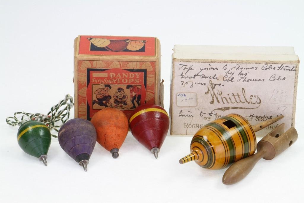 Lot of Boxed Wooden Tops: (1)Whittles, 1911; (4) are Newton/Thompson; Wooden, Hand Painted and Lacquered Finish, Missing Strings; Excellent Condition, 5"-6 1/2"L Notes:Turner Auctions + Appraisals is pleased to featu