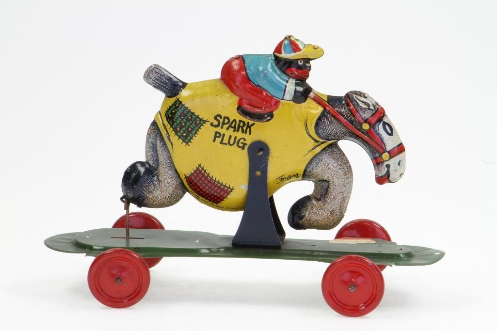 Spark Plug/ Barney Googel Pull Toy: Chein, 1925; Tin Lithograph, Missing Barney Google Figure; As New Condition, 9 1/4"L Notes:Turner Auctions + Appraisals is pleased to feature the Anita & Sedwick Hellman Toy Collection. Of