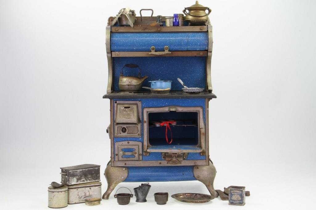 MINIATURE STOVE WITH ACCESSORIES: Karr Range Co. Bellville IL.; Possible Salesman Sample, Cast Iron and (Pressel) Steel Construction, Extensive Nickel and Enamel Finishes; Includes (20) Plus Vintage Kitchenware Containers, and Accesso
