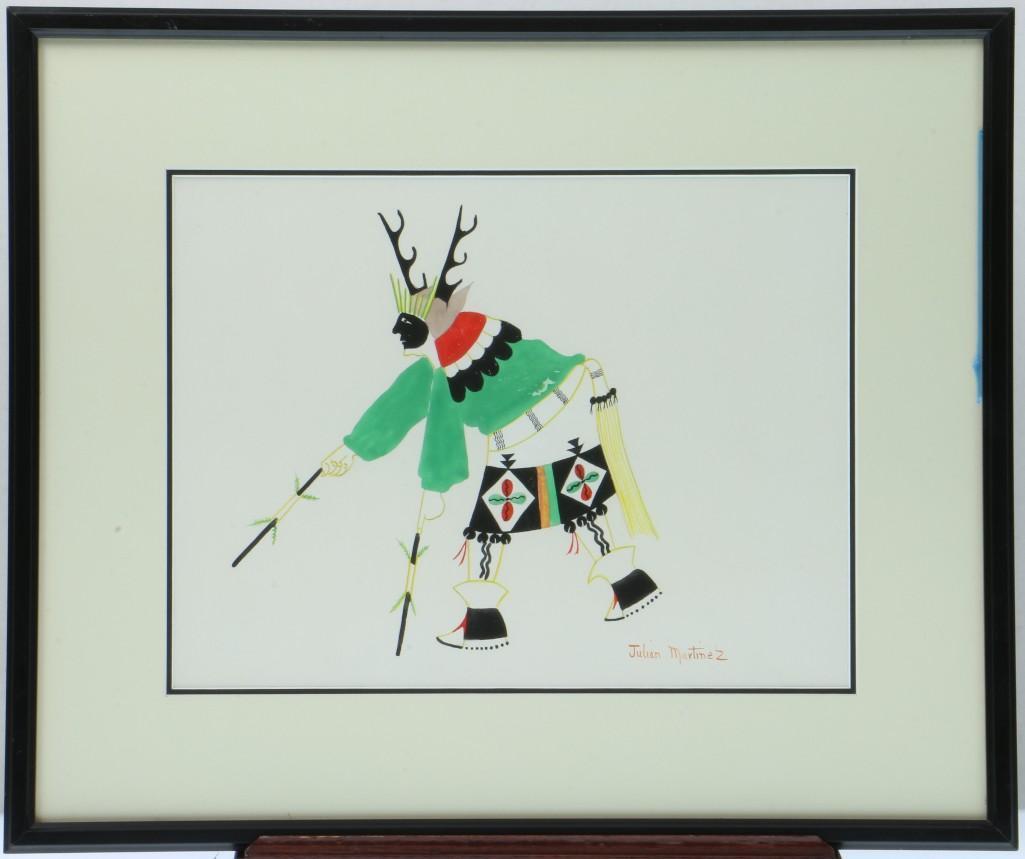 San Ildefonso painting of a Deer dancer: Artist: Julian Martinez Signature: lower right Image: 9 1/2 x 12 1/2 inches Frame: 15 1/2 x 18 1/2 inches Created: undated