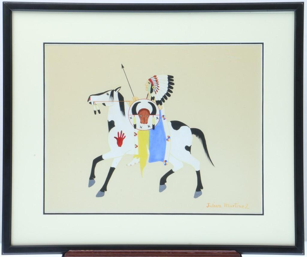 San Ildefonso painting of a man on horseback: Artist: Julian Martinez Signature: lower right Image: 10 1/2 x 13 1/2 inches Frame: 15 1/2 x 18 1/2 inches Created: undated