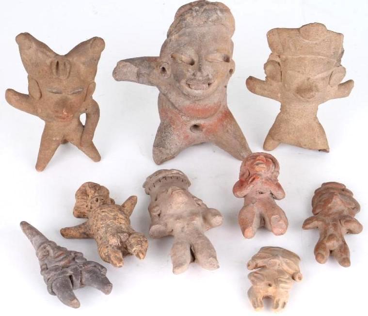 Nine Mexican pre-Columbian figures: Variously from Vera Cruz, the Central Valley and Michoacan Largest example length: 4 1/4 inches Provenance: Turner Auctions + Appraisals is pleased to offer the library and selected artifacts from the