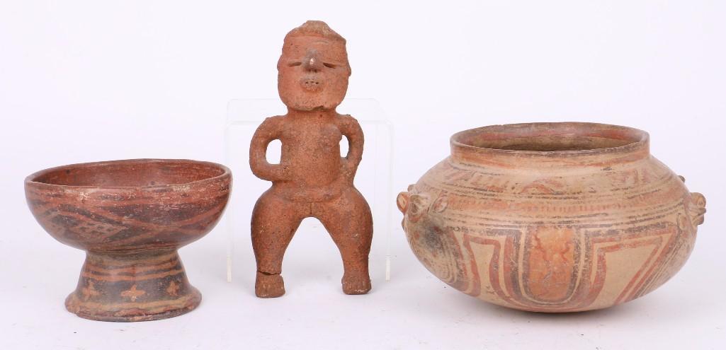 Three Central American/Northern South American pre-Colu: A Narino pedestal bowl, Colombia, and a Costa Rican polychrome owl effigy bowl and standing female figure (very minor restoration to latter) Largest example width: 8 inches Provenance: Turner Auctions