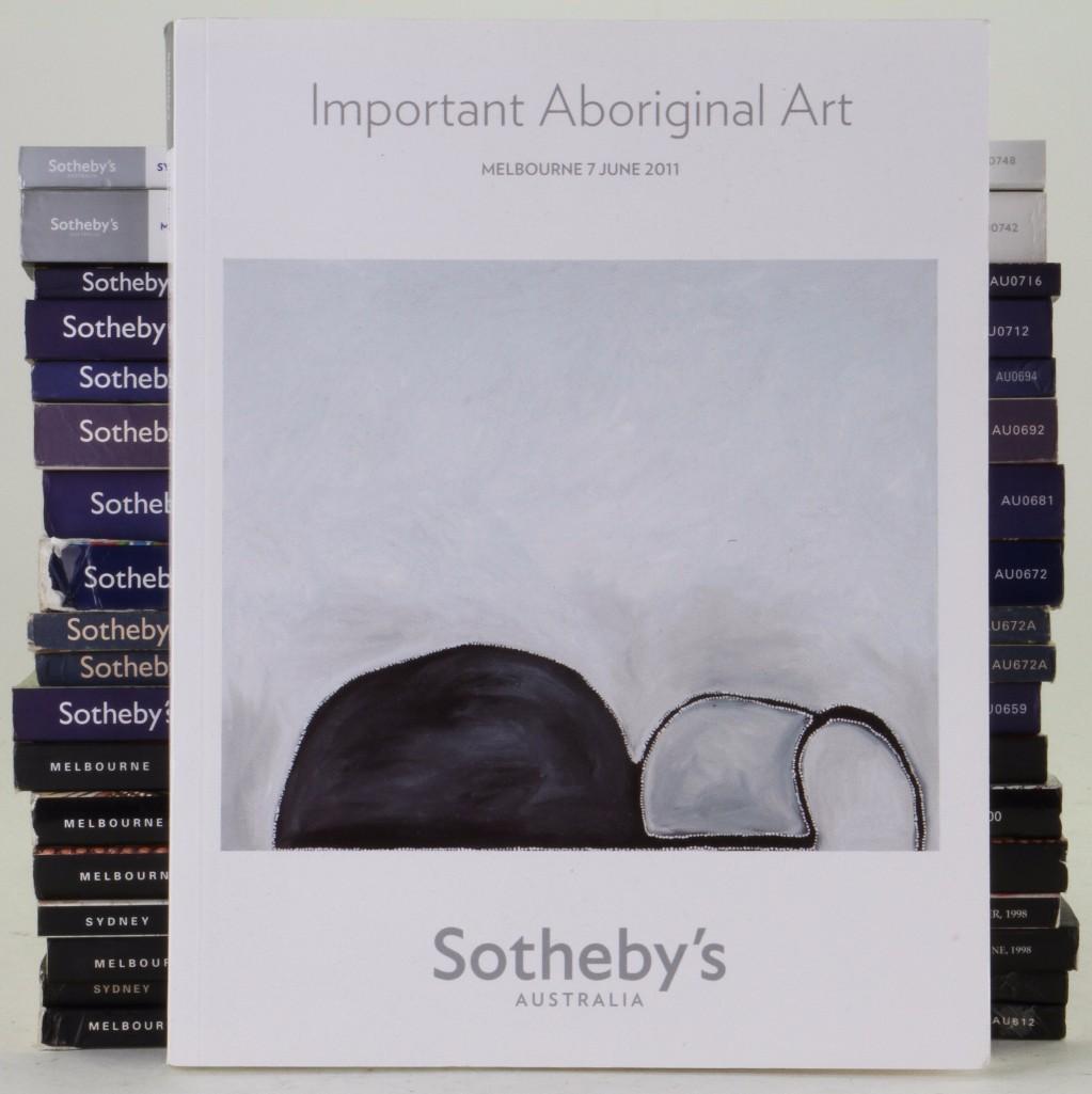 Nineteen Sotheby's Aboriginal art auction catalogues: M: 7/7/11, 11/30/10, 7/26-27/10, 11/25/07, 7/24/07, 11/15-16/05, 7/25/05, 7/26-27/04, 7/28-29/03, 7/28/03 The John McCaffrey Collection (two copies), 6/24/02, 7/9/01, 6/26-27/00, 6/28/99, 11/9/98, 6/29/9