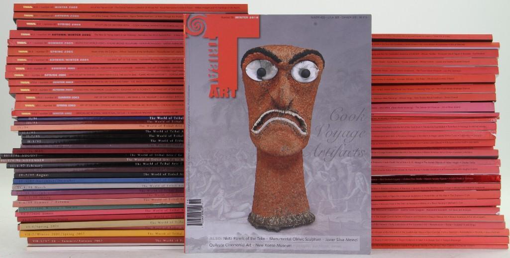 Seventy-three Tribal Art (The World of Tribal Arts) mag: 1994-2015: issues 1 (2 copies - one in French, the other in English), 2-40, 42-50, 54-55, 58-63, 65, 68-78; along with Special Issues 3, 4, 5 Notes: Please note that the various books, catalogues, and