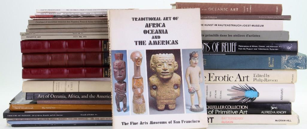 Thirty-two books and auction catalogues on tribal and a: Arts Primitifs dans les Ateliers d'Artistes, 1967, Marcel Evrard et al; Exotische Kunst im Rautenstrauch-Joest-Museum, 1967, Dr. Waldemar Stohr et al; Expressions of Belief - Masterpieces of African, 