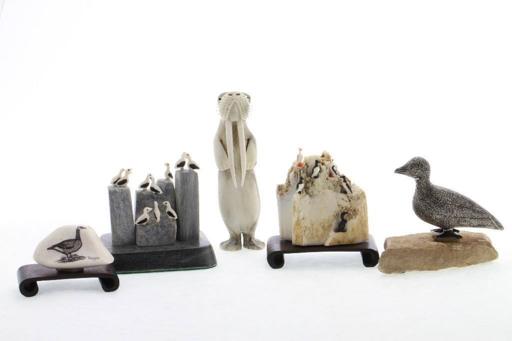 Five Inuit or related decorative art objects: Ivory, bone and soapstone All 2 to 4 inches Provenance: Turner Auctions + Appraisals is pleased to offer the library and selected artifacts from the personal collection of Jim Haas, the noted, long-ti