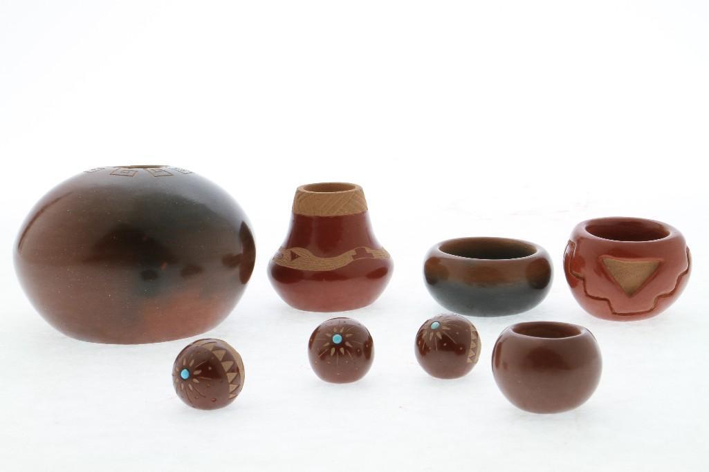 Eight Pueblo miniatures: Candace Tse-Pe and Gail Tse-Pe, San Ildefonso, Red Starr, Sioux, Jody Naranjo, Santa Clara, and another signed Joanna, Santa Clara Largest example width: 3 1/2 inches Provenance: Turner Auctions + App