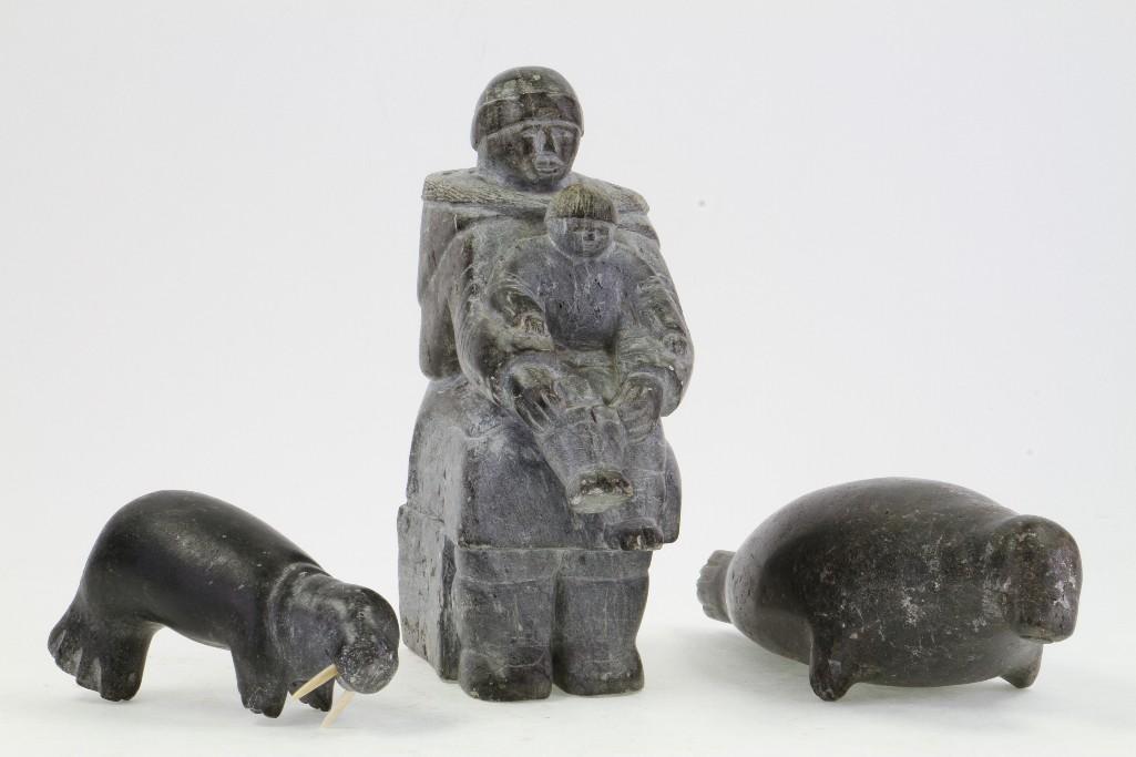 Three Inuit soapstone sculptures: Largest example: 8 x 7 1/2 inches Provenance: Turner Auctions + Appraisals is pleased to offer the library and selected artifacts from the personal collection of Jim Haas, the noted, long-time special