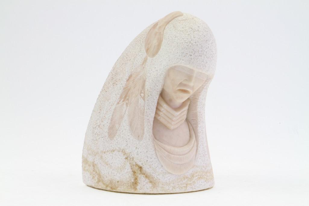 Native American alabaster sculpture: Illegible signature on the lower-rear Height: 7 1/4 inches Provenance: Turner Auctions + Appraisals is pleased to offer the library and selected artifacts from the personal collection of Jim Haas, the