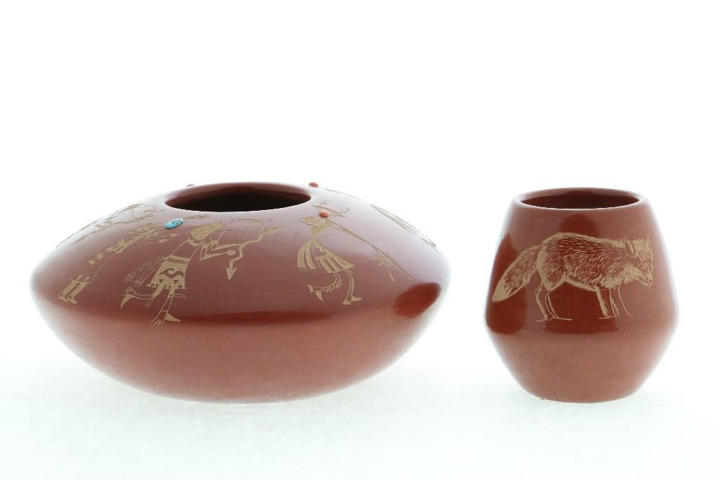 Two Santa Clara redware sgraffito jars: Golden Rod (Gloria Garcia) Largest example diameter: 7 1/2 inches Provenance: Turner Auctions + Appraisals is pleased to offer the library and selected artifacts from the personal collection of Jim Ha
