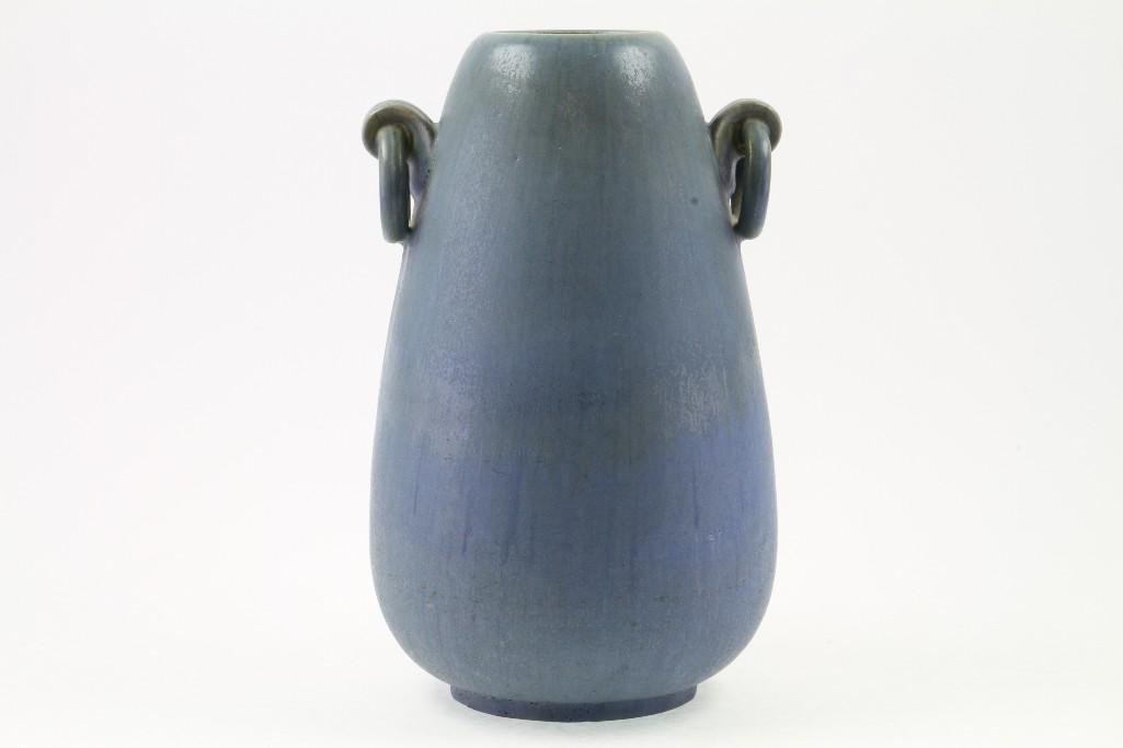 FULPER BLUE GLAZED POTTERY LARGE RING HANDLED VASE (1 of 4)