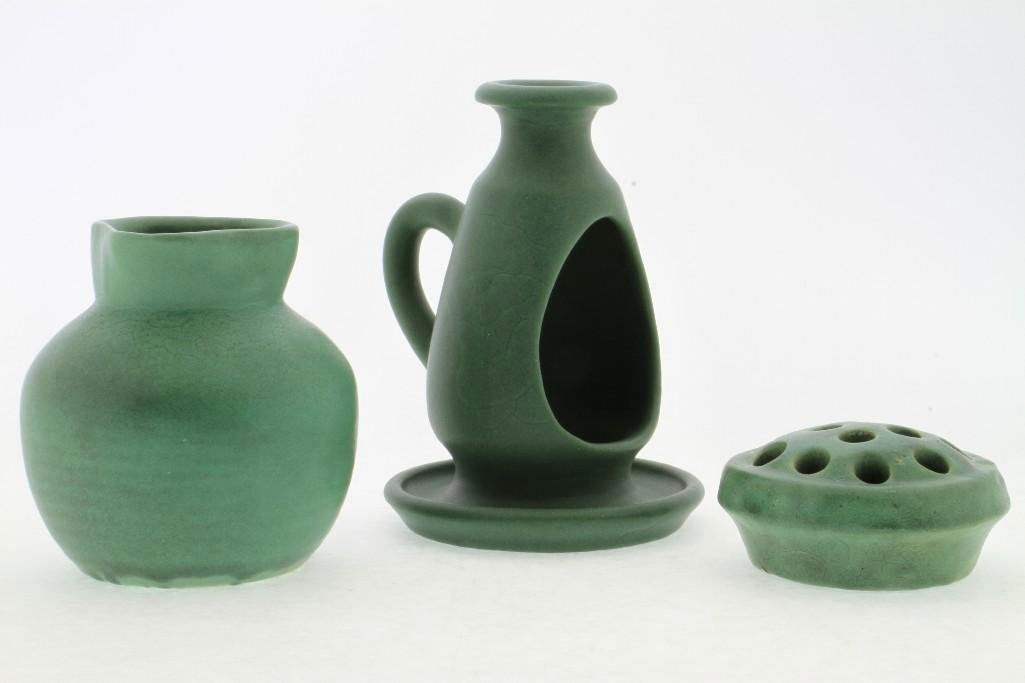 THREE PIECES AMERICAN GREEN GLAZED ART POTTERY (1 of 5)