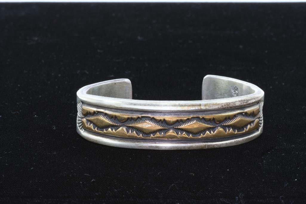NATIVE AMERICAN CUFF BRACELET STERLING SILVER GOLD (1 of 3)