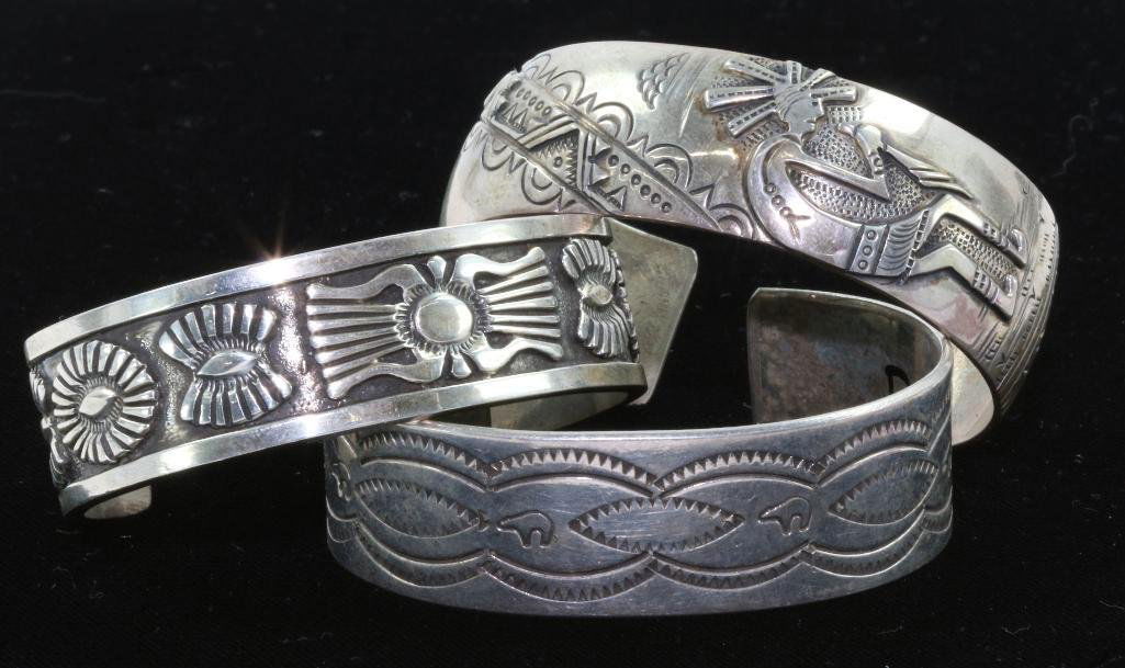 THREE NATIVE AMERICAN CUFF BRACELETS STERLING SILVER (1 of 3)