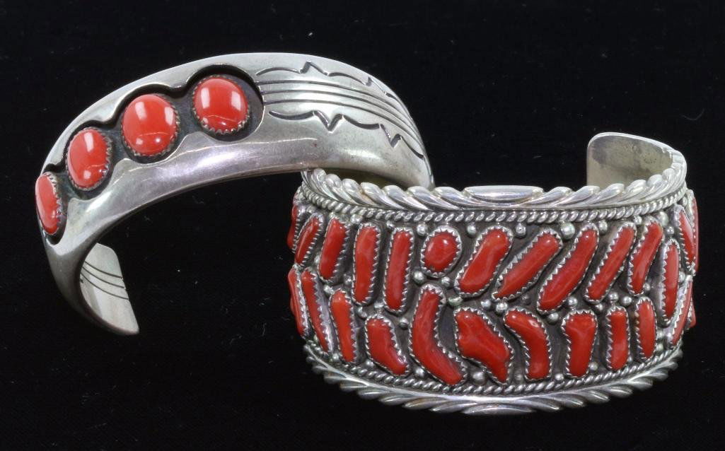 TWO NATIVE AMERICAN BRACELETS CORAL AND STERLING SILVER (1 of 4)