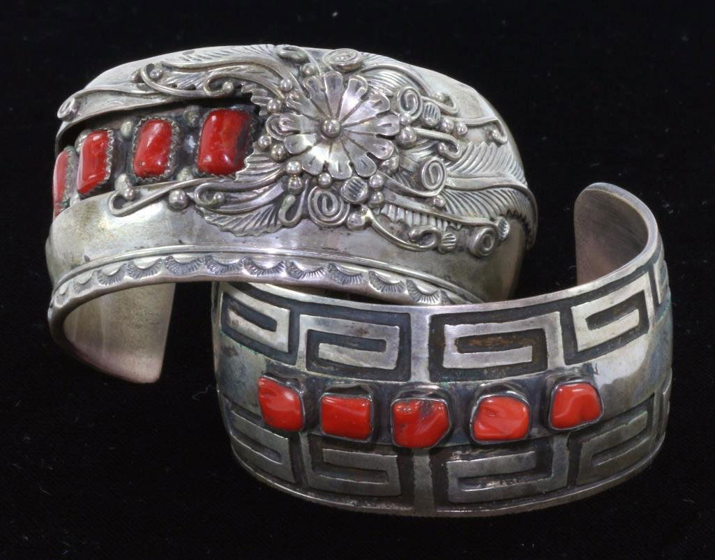 TWO NATIVE AMERICAN BRACELETS CORAL AND STERLING SILVER (1 of 3)