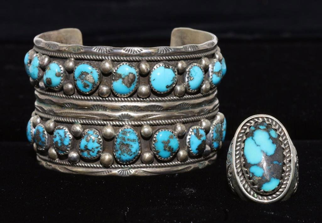 NATIVE AMERICAN TURQUOISE STERLING SILVER BRACELET AND (1 of 4)