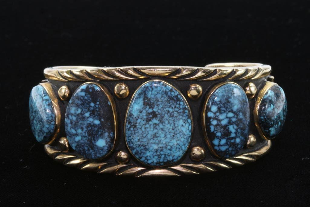 NATIVE AMERICAN TURQUOISE  14K GOLD CUFF BRACELET (1 of 8)
