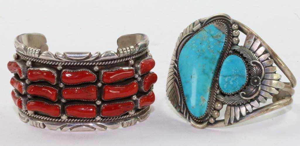 TWO NATIVE AMERICAN TURQUOISE AND CORAL STERLING SILVER (1 of 3)