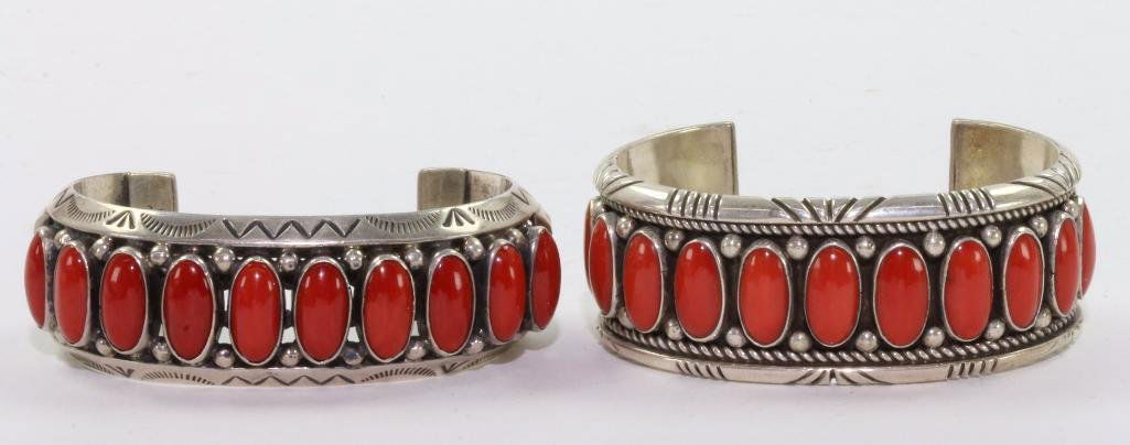 TWO NATIVE AMERICAN CORAL STERLING SILVER CUFF (1 of 3)