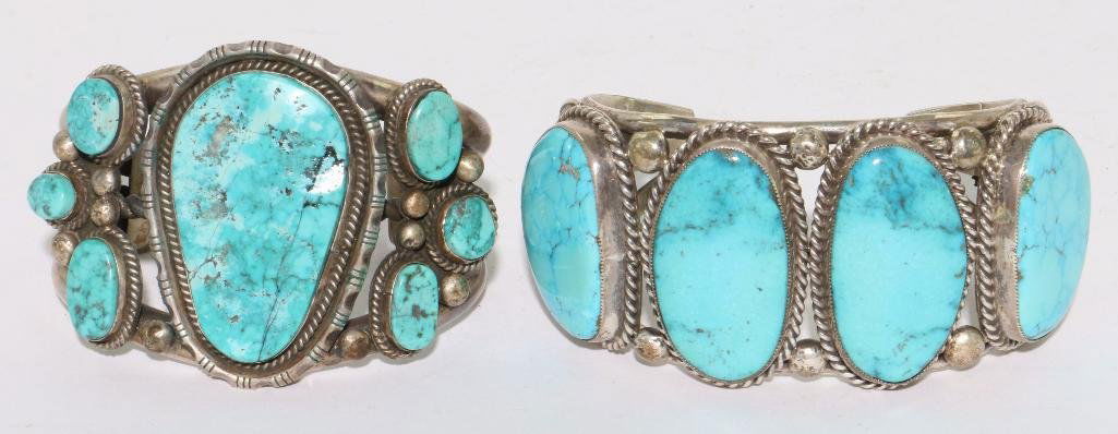 TWO (2) NATIVE AMERICAN TURQUOISE SILVER CUFF BRACELETS (1 of 3)