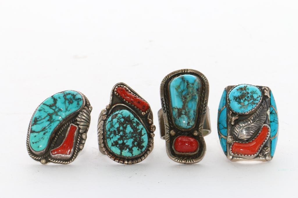 NATIVE AMERICAN TURQUOISE AND CORAL SILVER RINGS (1 of 2)