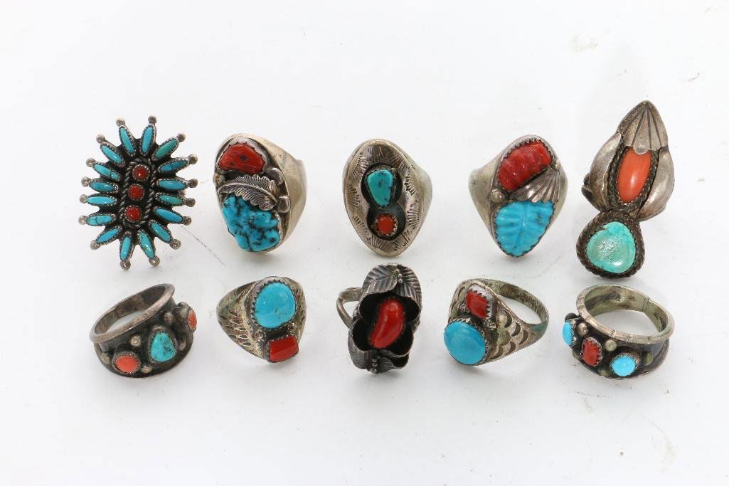 NATIVE AMERICAN TURQUOISE AND CORAL SILVER RINGS (1 of 2)