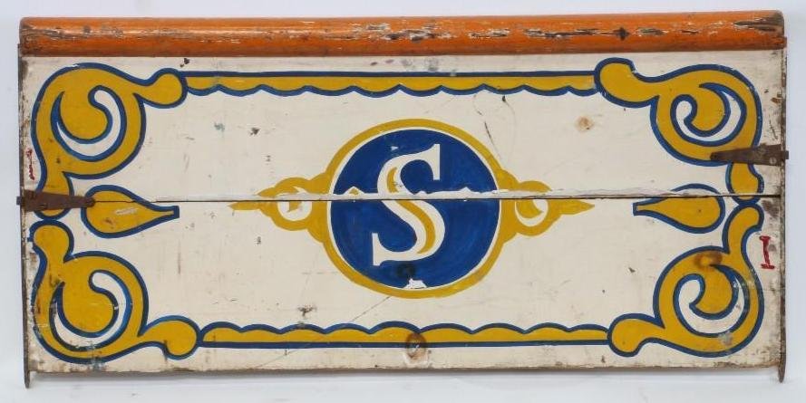 AMERICAN 'S' SIGN, EARLY 20TH CENTURY: PAINTED WOOD WITH IRON MOUNTS. 20 1/2 X 42 1/2 INCHES. Notes:This "Fine Mélange" comes from numerous sources and estates. Here are just some of items this sale includes: charming Steiff animals