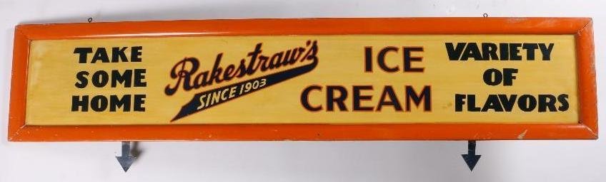 PAINTED WOOD ADVERTISING SIGN RAKESTRAW'S ICE CREAM: MID 20TH CENTURY 15 X 72 INCHES. Notes:This "Fine Mélange" comes from numerous sources and estates. Here are just some of items this sale includes: charming Steiff animals (over 40 lots of almost 150