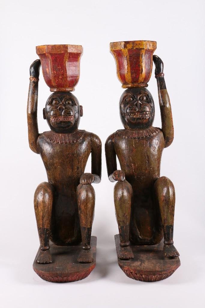PAIR CARVED PAINTED WOOD MONKEY JARDINIERES: 20TH CENTURY HEIGHT 42 INCHES. Notes:This "Fine Mélange" comes from numerous sources and estates. Here are just some of items this sale includes: charming Steiff animals (over 40 lots of almost 
