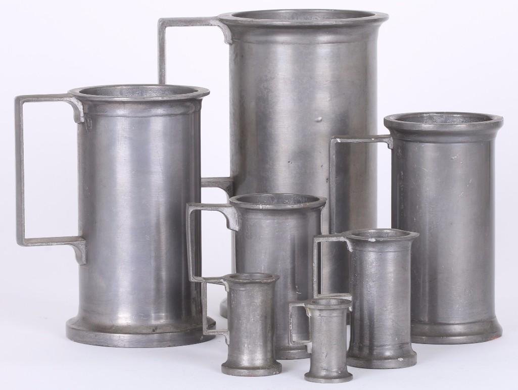 EUROPEAN GRADUATED SET OF 7 PEWTER MEASURES: 20TH CENTURY, HEIGHTS BETWEEN 1 3/4 & 7 INCHES. Notes:This "Fine Mélange" comes from numerous sources and estates. Here are just some of items this sale includes: charming Steiff animals (over 40