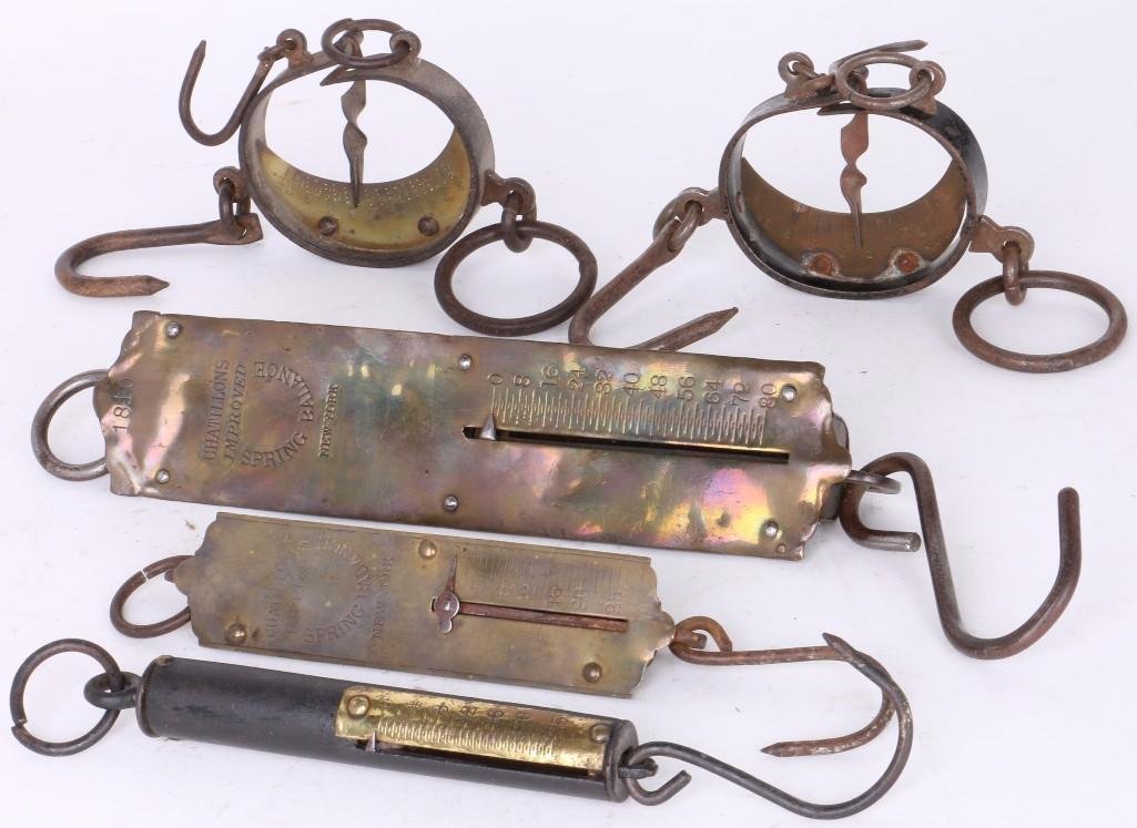 FIVE BRASS & IRON SPRING SCALES: LATE 19TH/EARLY 20TH CENTURY, OVERALL HEIGHTS BETWEEN 10 & 15 1/2 INCHES. Notes:This "Fine Mélange" comes from numerous sources and estates. Here are just some of items this sale includes: charmi
