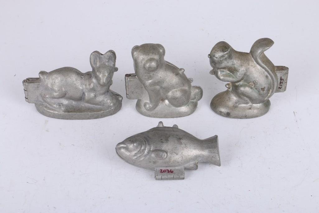 4 SCHALL PEWTER ANIMAL SHAPED ICE CREAM MOLDS: A. #185, FISH, B. #290, PUG DOG,