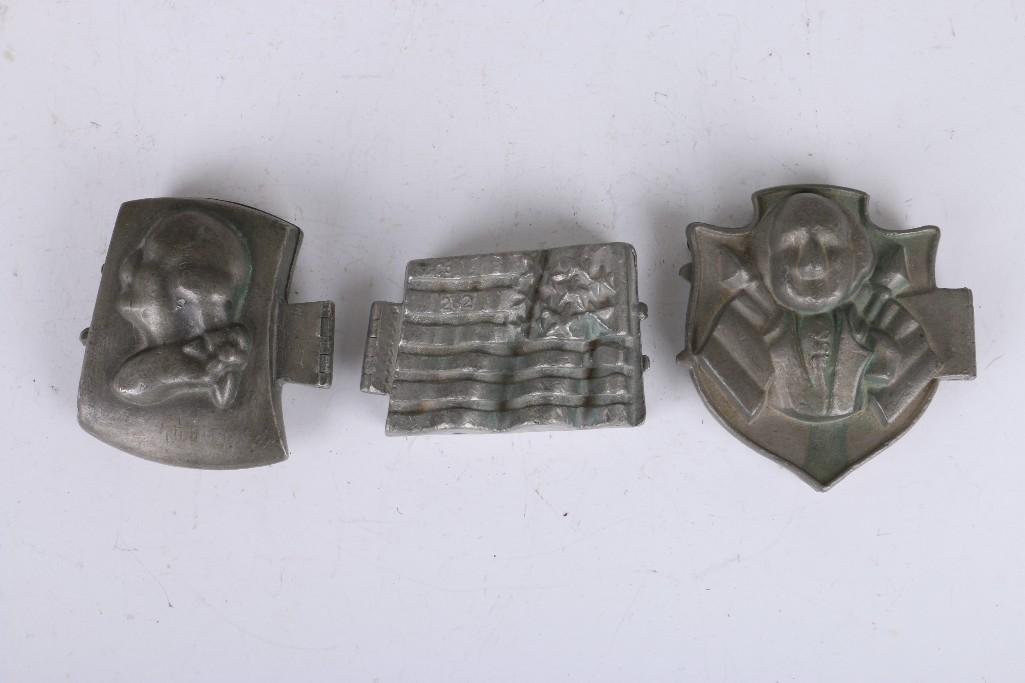 3 SCHALL PEWTER PATRIOTIC THEMED ICE CREAM MOLDS: A. #456, GEORGE WASHINGTON WITH BANNERS & SHIELD, B. #3