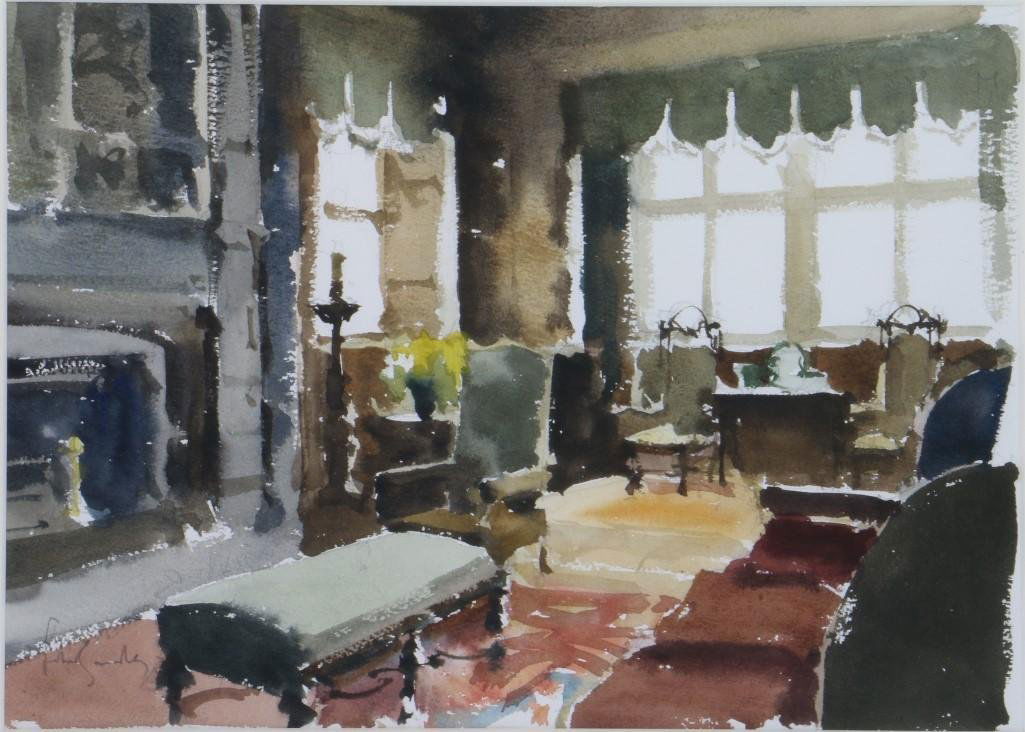 JOHN YARDLEY (born 1933): John Yardley. Watercolor on paper. Interior scene. Artwork: 9 3/4 x 13 1/2 inches Frame: 18 3/4 x 22 inches Notes:This "Fine Mélange" comes from numerous sources and estates. Here are just