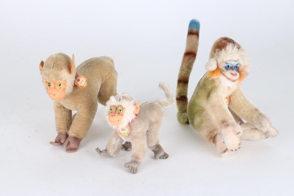 THREE STEIFF MONKEYS: Three Steiff monkeys including two vintage monkeys Notes:This "Fine Mélange" comes from numerous sources and estates. Here are just some of items this sale includes: charming Steiff animals (over 40 
