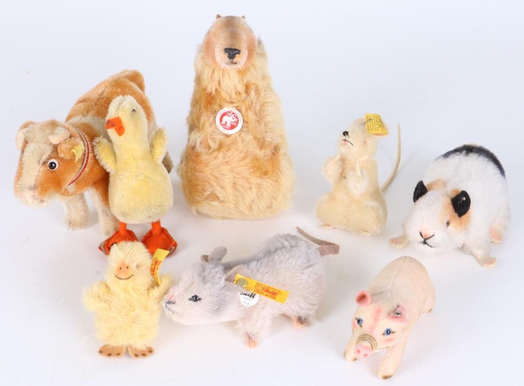 Eight STEIFF ANIMALS: Including vintage Steiff Notes:This "Fine Mélange" comes from numerous sources and estates. Here are just some of items this sale includes: charming Steiff animals (over 40 lots of almost 150 items),