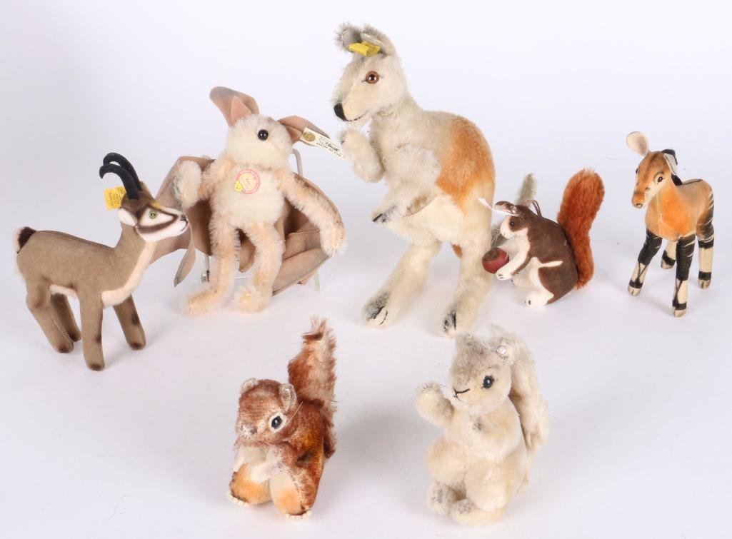SEVEN STEIFF ANIMALS: Including kangaroo, squirrels, antelope etc. some vintage and limited-edition. Notes:This "Fine Mélange" comes from numerous sources and estates. Here are just some of items this sale includes: charm